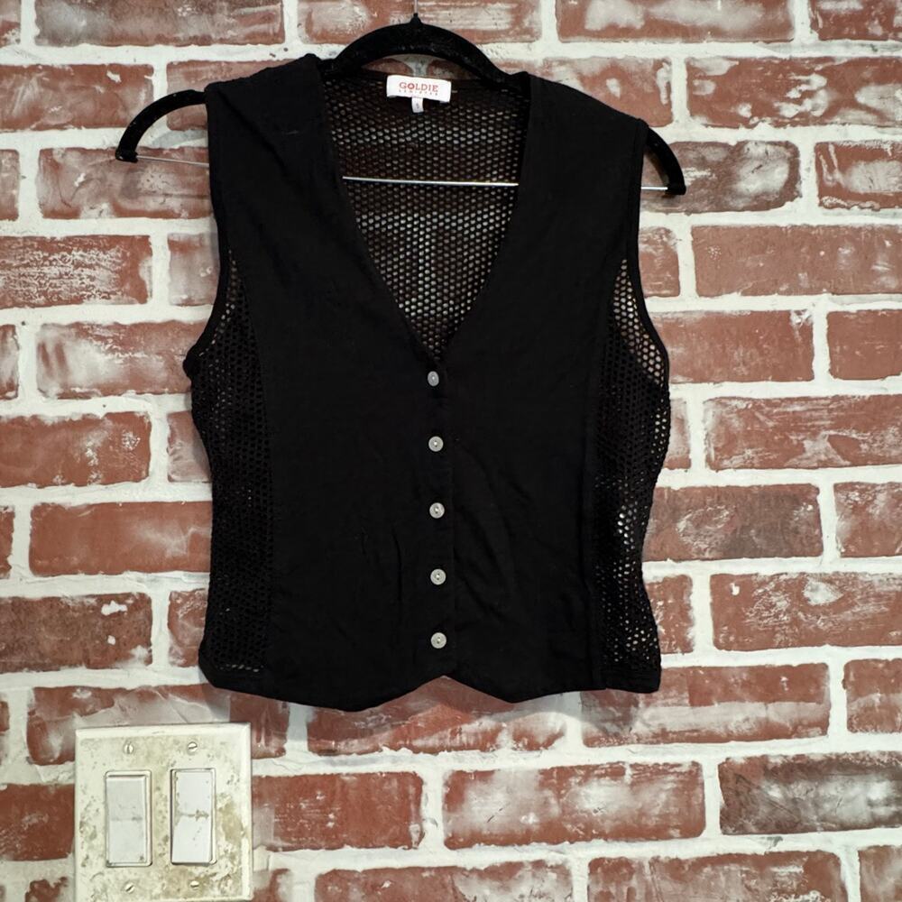 Goldie Lewinter Black Mesh Button Front Vest 100% Cotton Size Small